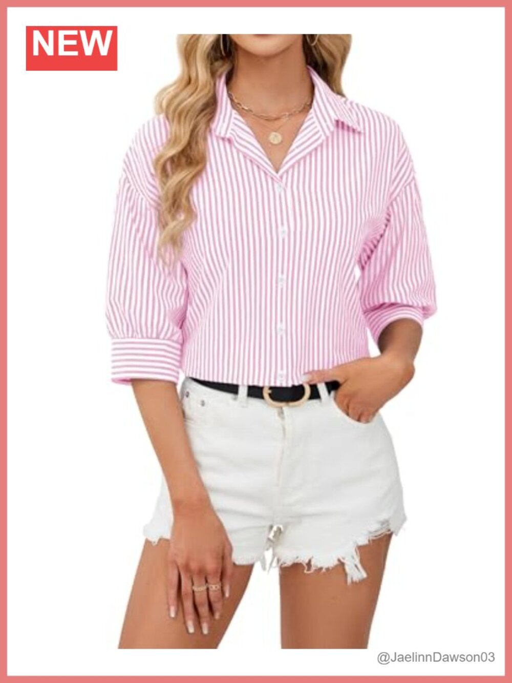 Striped Button Down Shirt 3/4 Sleeve Collared Wrinkle-Free Blouse